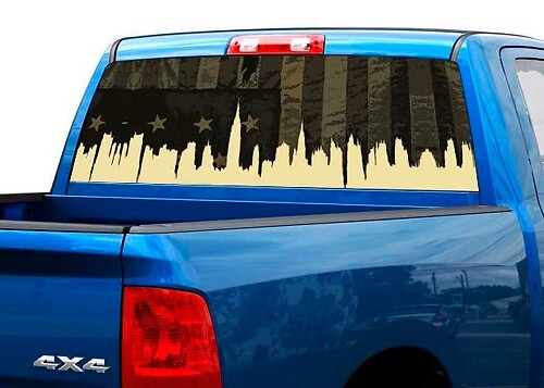 USA Flag City Skyline Rear Window Decal for Pickup Truck