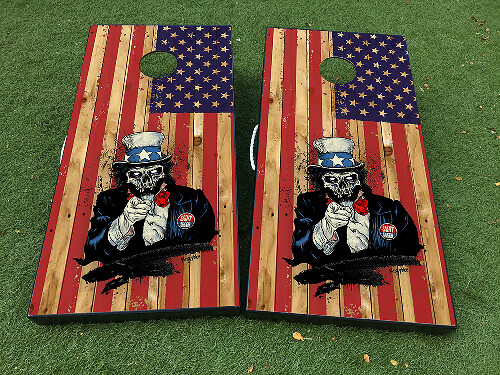 Skeleton Uncle Sam American Flag Cornhole Board Vinyl Decal Wrap Set