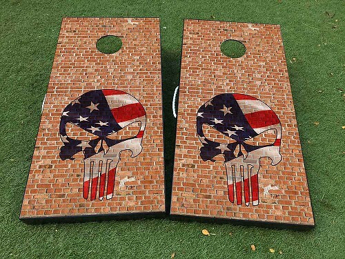 Brick Wall Punisher-Style USA Flag Skull Cornhole Board Vinyl Wrap Decal Set_1