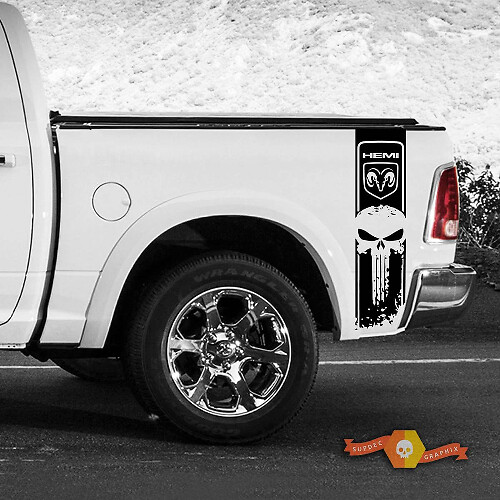 Punisher Skull Hemi Style Bedside Stripes Vinyl Decal for Dodge Ram 1500-3500 