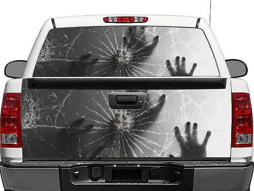 Hands Behind Broken Glass Rear Window or Tailgate Vinyl Decal for Pickup Truck SUV