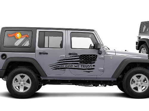 In God We Trust Distressed USA Flag Side Body Decal Kit for Jeep Wrangler JKU