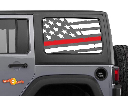 Distressed Thin Red Line Flag Side Vinyl Sticker Decal for Jeep Firefighter