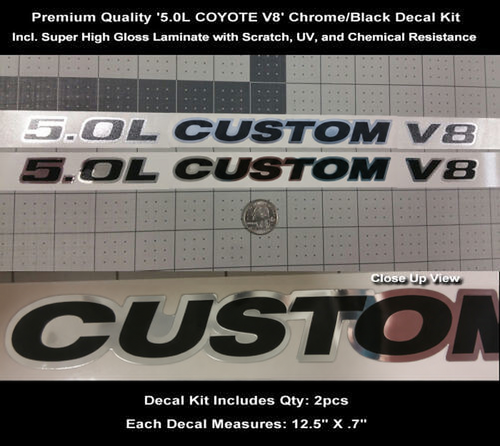 5.0L CUSTOM V8 Chrome Hood Scoop Vinyl Decal Kit for Musclecar Musclecarmodel (Coyote V8)