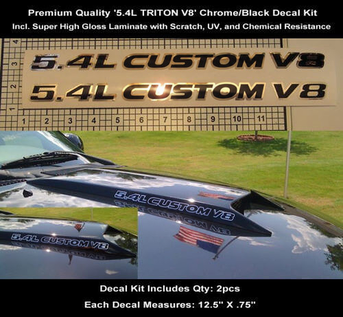 5.4L CUSTOM V8 Chrome Black Hood Scoop Vinyl Decal Kit for Musclecar F-150 F-250 (Triton V8)
