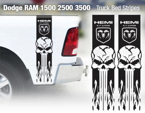 Skull & Flame Style Stripes Bedside Vinyl Decal Sticker for Dodge Ram 3500