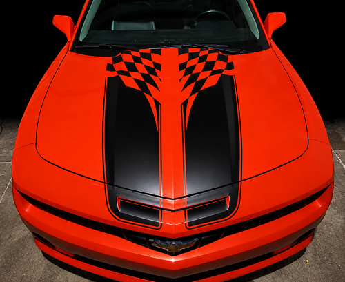 Checkered Flag Twin Stripes Hood Vinyl Decal Sticker for Chevrolet Camaro SS, RS 2010-2013
