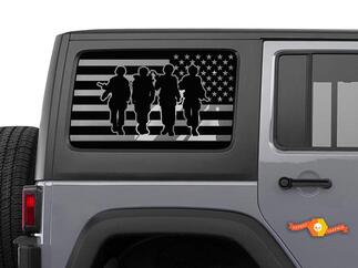 4 Soldiers USA Flag Windshield Decal American Veteran - Jeep Hardtop Wrangler JKU Stickers 