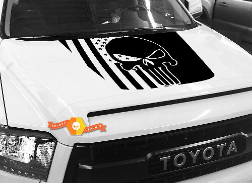 Punisher Skull with USA Flag Background Hood Vinyl Decal Sticker for Toyota Tundra 2014-2018