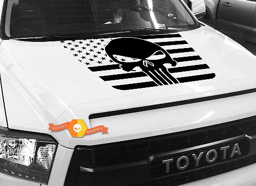 Punisher Skull On Background USA Flag Hood Vinyl Decal for Toyota Tundra 2014-18