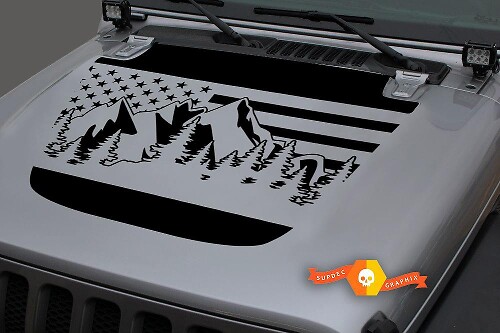 Forest Mountains USA Flag Blackout Hood Vinyl Decal Sticker for Jeep Wrangler JL