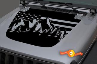  Hood Vinyl Forest Mountains USA Flag Blackout Decal Sticker for 18-19 Jeep Wrangler JL #2