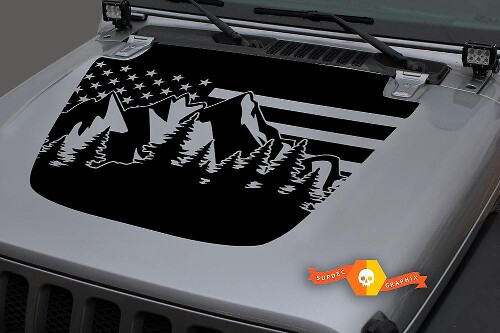 Forest Mountains USA Flag Blackout Hood Vinyl Decal Sticker 2 for Jeep Wrangler JL