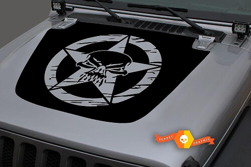 Skull Military Star Distressed Blackout Hood Vinyl Decal Sticker for Jeep Wrangler JL