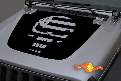 USA Flag Punisher Blackout Hood Vinyl Decal Sticker for Jeep Wrangler JL