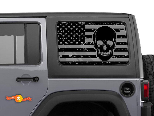 Distressed USA Flag Skull Side Window Vinyl Decal Pair for Jeep Wrangler Hardtop