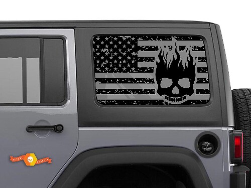 Hardtop USA Flag Skull Flame Windshield Sticker Decal For Jeep Wrangler Rubicon JKU JLU 2007-2019 or Tacoma 4Runner Tundra Charger Challenger