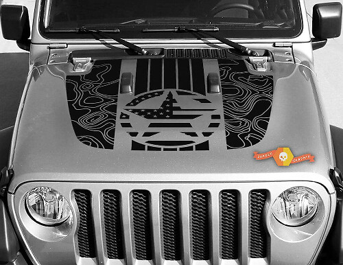 USA Flag Star Topographic Map Hood Vinyl Decal Sticker Kit for Jeep Gladiator Wrangler