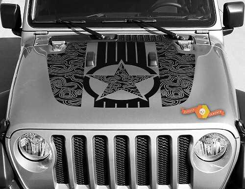 Military Star Topographic Map Hood Vinyl Decal Sticker Graphics Kit for Jeep Gladiator JT Wrangler JL JLU
