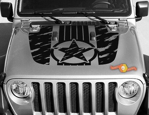 Military Star Destroyed Camouflage Hood Vinyl Decal Sticker Graphics Kit for Jeep Gladiator JT Wrangler JL JLU