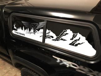 Tacoma Bed Topper windows Mountains Trees and Wolf or Deer or Trout travel Vinyl Sticker Decal fit to Toyota TRD PRO Tacoma 16-21