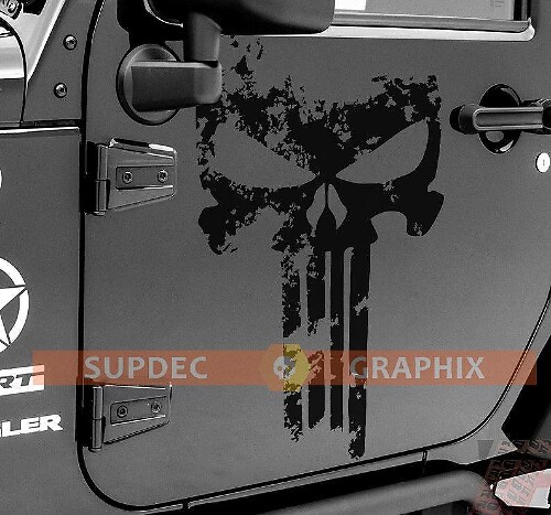Punisher Skull Distressed Door Vinyl Decal Pair for Jeep Wrangler_1