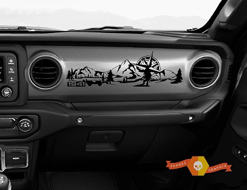 Dashboard Mountain 1941 Willys with Compass Scene Vinyl Sticker Decal for Jeep JL JLU Gladiator Wrangler