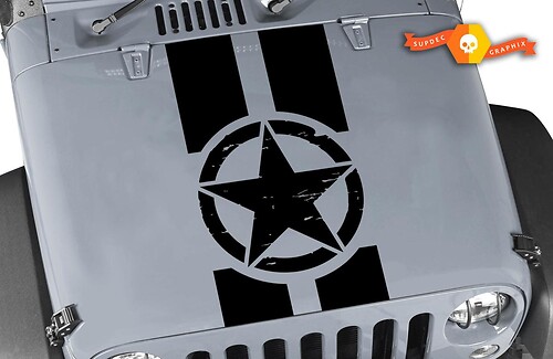 Distressed Oscar Mike Military Star Jeep Black Out Hood Vinyl Decal Set