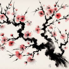 Traditional Japanese sumie painting of sakura Print decal sticker 2