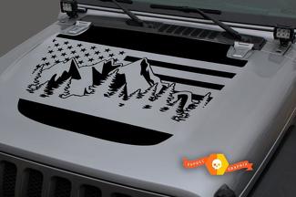 Jeep 2018-2021 Gladiator JT Wrangler JL JLU Hood Usa Flag Mountains Forest Unique Vinyl decal Sticker Graphics
