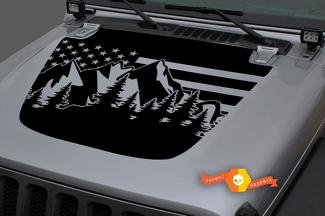 Jeep 2018-2021 Gladiator JT Wrangler JL JLU Hood Usa Flag Mountains Forest  Vinyl decal Sticker Graphics