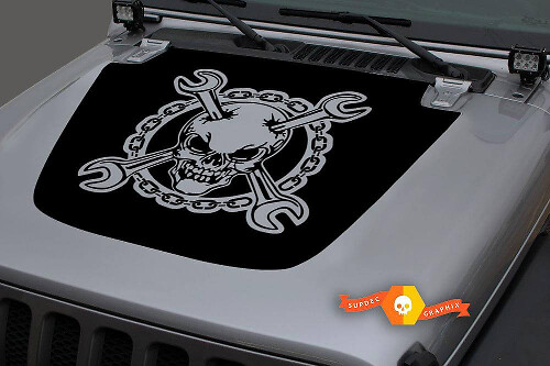 Skull Crossed Wrenches Chain Hood Vinyl Decal for Jeep Gladiator Wrangler 