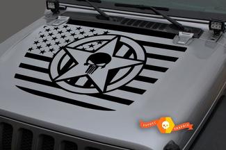Jeep 2018-2021 Gladiator Wrangler JL JLU  JT Hood Skull Punisher Army Star US USA Flag Vinyl Decal Sticker Graphic