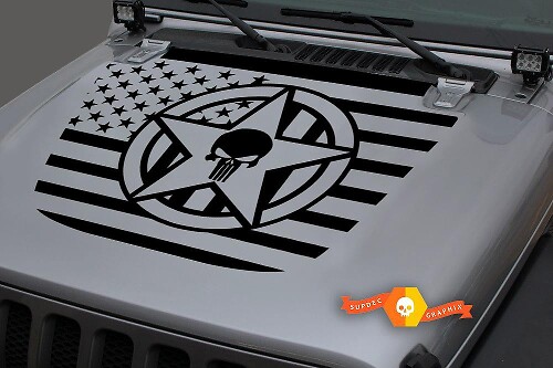 Skull Military Star USA Flag Hood Vinyl Decal for Jeep Wrangler JL JLU & Gladiator JT 