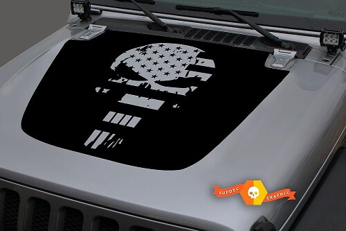 Punisher-Style USA Flag Skull Hood Vinyl Decal for Jeep Wrangler Gladiator
