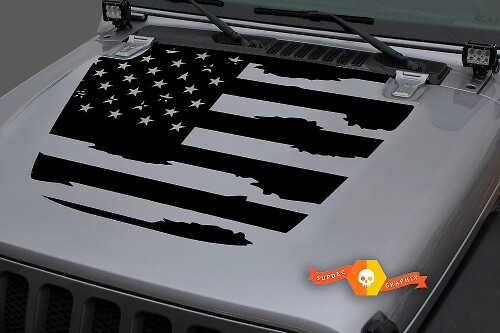 US Flag Destroyed Shabby Hood Vinyl Decal Sticker Graphic for Jeep Gladiator Wrangler JL JLU JT