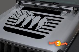 Jeep 2018 - 2021Gladiator Wrangler JL JLU JT Hood US USA Flag  Four Soldiers Vinyl Decal Sticker Graphic