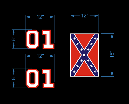 General Lee Style Flag and 01 Number Vinyl Decal Kit